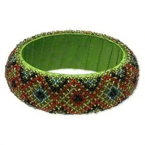 Hand Crafted India Beaded Bangle Bracelet Green Multi Color Pattern Fair Trade